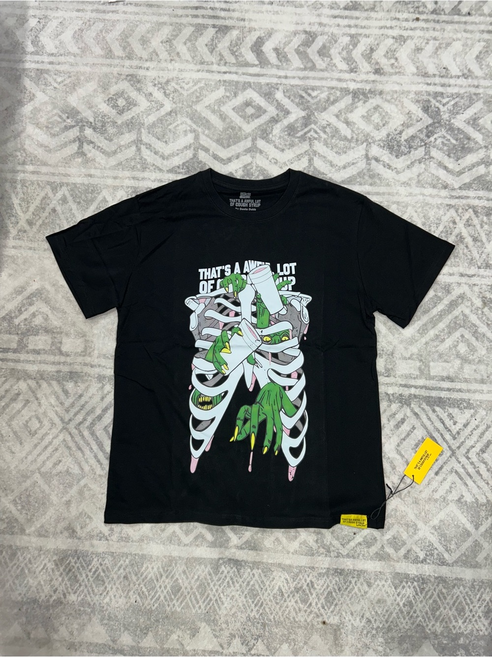 Black Graphic Skeleton Tee with Green Accent